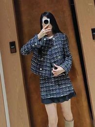 Women's Jackets Spring 2024 Women Retro Tweed Set Ladies O-Neck Double Breasted Long Sleeve And A-Line Pleated Zipper Mini Skirt