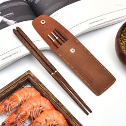 Chopsticks Solid Wood Folding Natural Kitchen Supplies Outdoor Camping Picnic BBQ Portable Cutlery With Leather Cover