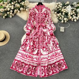 Casual Dresses JAMERARY Runway Red Blue White Porcelain Print Holiday Maxi Dress Women's Stand Single Breasted Loose Lace Up Belt Long