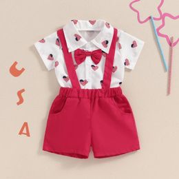 Clothing Sets Toddler Boy Gentleman Outfit Patriotic Heart Print Button Romper With Bow Tie And Suspender Shorts Set For Formal Wear