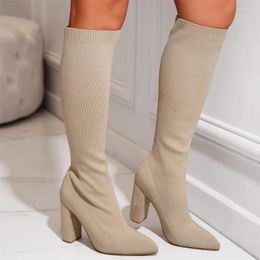 Boots 2024 Sexy Apricot Knee High Stretch Knitting Sock Women Big Size 42 Pointy Toe Elegant Block Heels Shoes