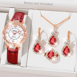 Wristwatches 5PCS/Set Red Romantic Quartz Watch Shiny Rhinestone PU Leather Wrist & Jewellery Set Gift For Mom Her Ladies