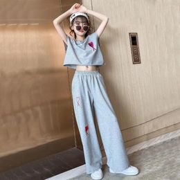 Clothing Sets Summer Children Girl Clothes Set Teenage Short Sleeve Tshirt And Wide Leg Pants 2 Pieces Suit Kid Top Bottom Outfits Tracksuit