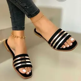 Slippers Women Metal Striped Summer Flat Shoes Fashion Slip On Slides Outdoor Female Casual Sandals Plus Size 43