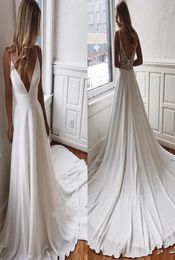 Simple Designed Satin A Line Wedding Dresses Sexy V Cut Low Back Spaghetti Strap Appliques Long Train Bridal Summer Robe de mariee7990098