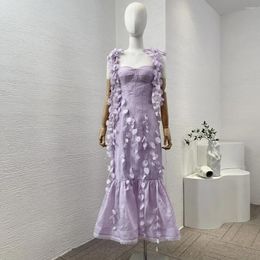 Casual Dresses 2024 Arrivals Women Silk Linen Violet Purple Sleeveless Petal Decoration Patchwork Midi Mermaid Dress