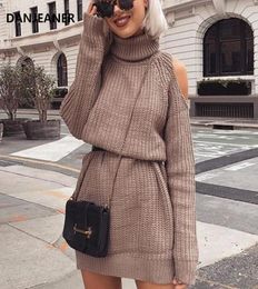 Danjeaner Autumn Winter Turtleneck Off Shoulder Knitted Sweater Dress Women Solid Slim Plus Size Long Pullovers Knitting Jumper Y27282032