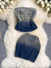 Two Piece Dress SINGREINY 2024 Hotswt Vintage Sets Slveless Mini Strapless Camis+High Waist Bodycon Skirt Summer Gradient Denim Suits Y240508
