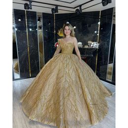 Gold Ball Gown Prom Dresses One Long Sleeve V Neck Appliques Shiny Sequins Floor Length Beaded 3D Lace Ruffles Sparkly Evening Dress Bridal Gowns Plus Size 0431