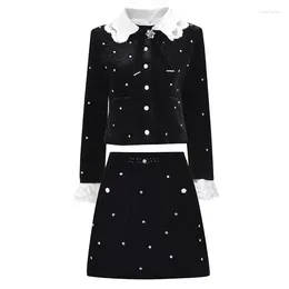 Work Dresses Diamond Beading Lace Doll Collar Black Velvet Short Jacket Mini Skirt Suit 2024 Winter Vintage Fashion Brand Clothes Korean