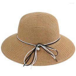 Wide Brim Hats Black And White Rope Pearl Women's Straw Hat Summer Seaside Travel Foldable Shade