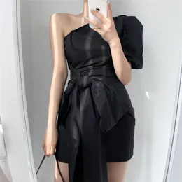 Party Dresses Irregular One Piece Bow Black Dress Sexy Shoulder Big Bowknot Evening Short Sleeve Bodycon Wrapped Hip