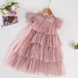 Girl's Dresses Girl lace dress summer sequin clothing princess wedding dress girl party mesh layer cake dress 3-8Y childrens casual dressL2405