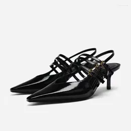 Casual Shoes Buckle Straps Low Heels Stilettos For Women 2024 Point Head Thin Heel Slingbacks Sandals Black Patent Leather Mules