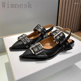 Casual Shoes Summer Fashion Women Sandals Pointed Toe Metal Buckle Strap Genuine Leather Retro Low Heel Size 35-40 2024