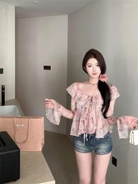 Women's Blouses French Sweet Floral V-neck Flared Sleeve Chiffon Shirt Summer Loose Niche Peplum Top Fashion Design Blusa Mujer