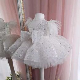 Christening dresses Girl Cake Tutu Birthday Party Wedding Dress Summer White Feather Beaded Sequins Princess Baptist Childrens Q240507