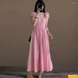 Party Dresses Chic Korea Temperament Women Date Girls Japan Style Puff Sleeve Cotton Blends Vintage Pink Elastic Long Dress Feminine