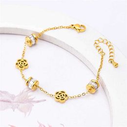 Bangle 316L Stainless Steel New Fashion Fine Jewellery Zircon Good Luck Beads Welding Rose Flower Charm Chain Bracelets For Women