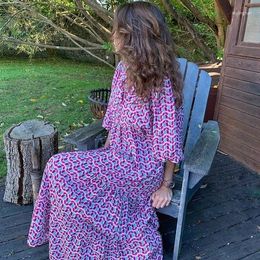 Party Dresses Dress For Women Causal Geometric Printed Bubble Three Quarter Sleeve V Neck Loose Ankle Length Women's Sundress