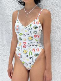 Women's Swimwear Womens Monokini Swimsuits Food Print Deep V Neck Bathing Suit Slim Fit Beachwear