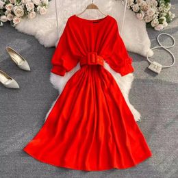 Casual Dresses Fashion Designer Women Vintage Legant Brighten Red Color Dinner With Belt Princess Robe Summer Party