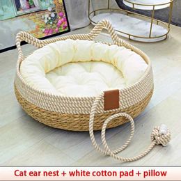 Cat Beds Furniture Summer Cat Bed Woven Removable Upholstery Sleeping House Cat Scratch Floor Rattan Wear-resistant Washable Cat Pet Supplies 35 d240508