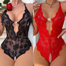 Sexy Pyjamas Crotchless Sexy Womens Underwear Lace Bra Sets Erotic Come Teddy Baby Doll Dress Deep V Open Bra Pornography Lingerie Set WX