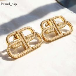 jewelry bb earrings Large Double B Letter Earrings with Wax Set Crystal Zircon Metal Smooth Finish 18K Gold Pearl Plating 9205