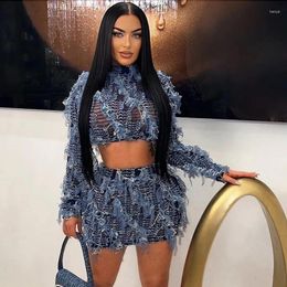Work Dresses Y2k Sexy Sheer Two Piece Dress Women Ruffle Luxury Crop Top Design Wrap Casual Street Outfit Female 2 Skirt Set