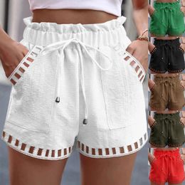 Women's Shorts Solid Color Elastic Drawstring Wide Leg Linen Cotton Hollow Short Fashion