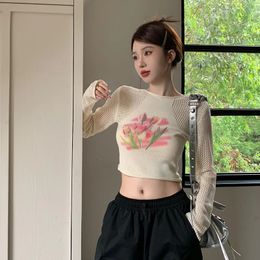 Women knitwear Mesh long sleeves Hollow out Navel exposed Tulip pattern High waisted Short style designer womens clothing 240426