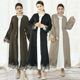 Ethnic Clothing Muslim Women Kimono Open Abaya Ramadan Eid Mubarak Jalabiya Islamic Dubai Turkey Kaftan Robe Gown Belted Lace Dresses