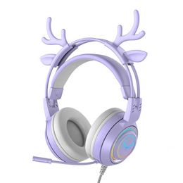 Headsets RGB backlit childrens adult 3.5mm Jack girl with detachable deer ear thread game earphones cute 3D surround sound gift J240508