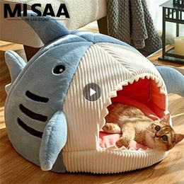 Cat Beds Furniture Cat Tent Comfortable and Comfortable Cotton Cloth Light blocking Wool Blue Soft Shark shaped Comfortable Cat Nest Portable Three Sizes d240508