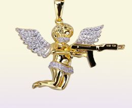 Hip Hop Gold Plated Angel Gun Solid Back Pendant Necklace Iced Out Cubic Zircon Mens Jewelry Gifts6990882