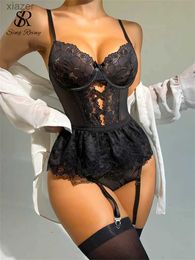 Sexy Pyjamas SINGREINY Croset Solid Lace Bodysuits Backless Strap Summer Erotic Rompers 2023 Sheer Sexy Jumpsuit Porno Slim Women Playsuits WX