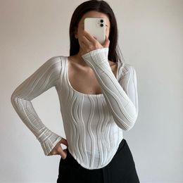 Designer render women's T-shirt with irregular texture, U-neck, solid color, long sleeved, spicy girl, can be paired inside and out to make you look slim and sexy