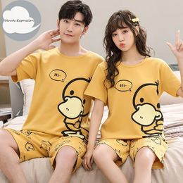 Summer Knitted Cotton Cartoon Duck Print Sleepwear Pyjama Sets for Couples Short Suits Young Lovers Pyjamas 4XL Homewear Fashion 240428