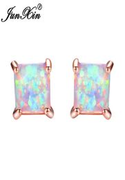 JUNXIN GreenBlueWhite Fire Opal Stud Earrings For Women Rose Gold Filled Square Earrings Princess Cut Birthstone Earring Gifts6306734