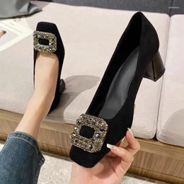 Dress Shoes Spring Flock Women Pumps 2024 Luxury Rhinestone Square Toe Womens Heels Chunky Heel Bridal High