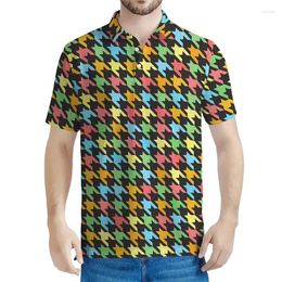 Men's Polos Colourful 3D Printed Houndstooth Pattern Polo Shirt For Men Summer Button T-Shirt Street Short Sleeves Tops Oversized Laple Tees