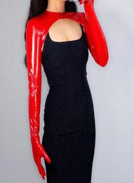 Five Fingers Gloves 2021 LATEX BOLERO Shine Leather Faux Patent Red Top Cropped Shrug Women Long Gloves14936828