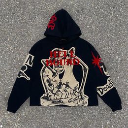 American Casual Skull Printed Hoodie for Men and Womens Retro Stretch Sleeved Fitting Gothic Hooded Full print Sweatshirt Y2K 240429