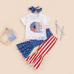 Clothing Sets Kid Girls Pants Suit Casual Street Short Sleeves Round Neck Tops + Star Striped Bell-Bottoms + Head Band H240508