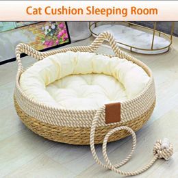 YB5G Cat Beds Furniture Summer Cat Bed Woven Removable Upholstery Sleeping House Cat Scratch Floor Rattan Wear-resistant Washable Cat Pet Supplies 35 d240508