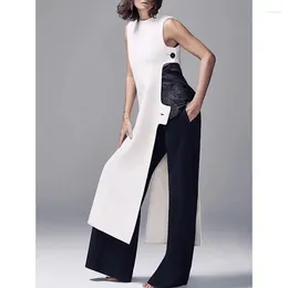 Casual Dresses Fashion Plain Crew Neck Sleeveless Button Slit Dress Sexy Vintage Chic Summer Slim Single High Street Long