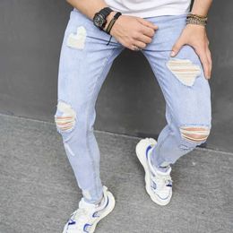 Мужские джинсы мужские скинни для джинсов дырки отверстия Strt Стиль мода сплошная слабая подсадка из хлопковых джинсовых штанов для мужчин Y240507