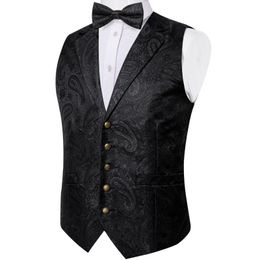 Luxury Black Paisley Silk Suit Vest for Men Bow Tie Handkerchief Cufflinks Wedding Party Formal Tuxedo Waistcoat 240507