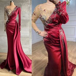 Sleeves Long Gorgeous Jewel Prom Dresses Mermaid Illusion 3D Flower Applicants Beads Detachable Court Gown Satin Custom Made Plus Size Party Dress Vestido De